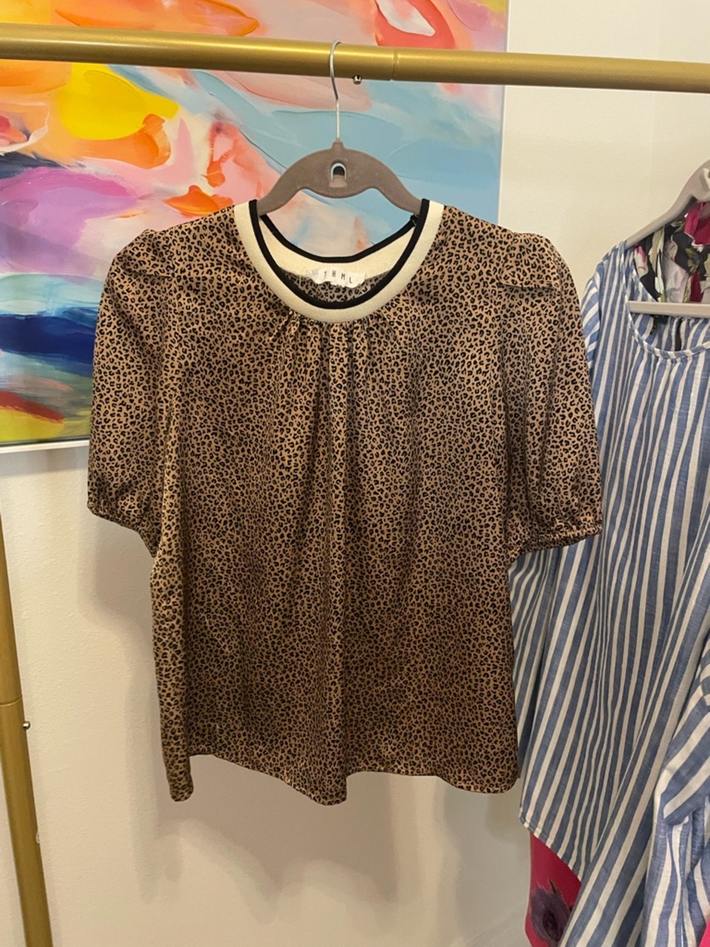 THML Leopard Print‎ Puff Sleeve Crewneck Top - Brown & Black XS